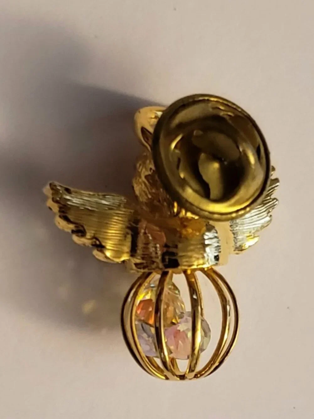 Goldtone Guardian Angel Halo Lapel Pin Brooch Cage with Rainbow Iridescent Beads
